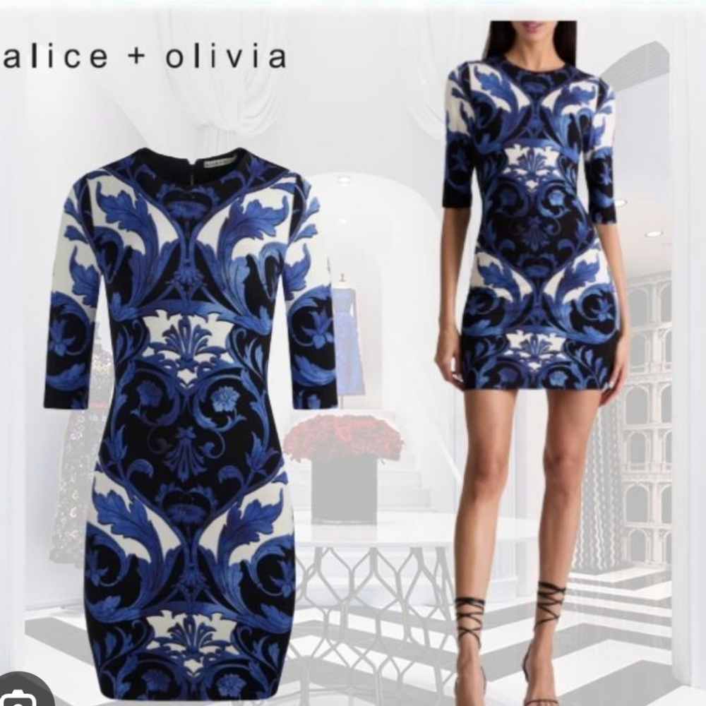 Alice + Olivia Blue and Black Patterned Mini Dress